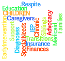 word cloud including: respite, education, children, caregivers, Early Intervention, Support, Diagnoses, special needs, finances, insurance, transition, IEP, chronic, siblings, advocacy, Medicaid, families