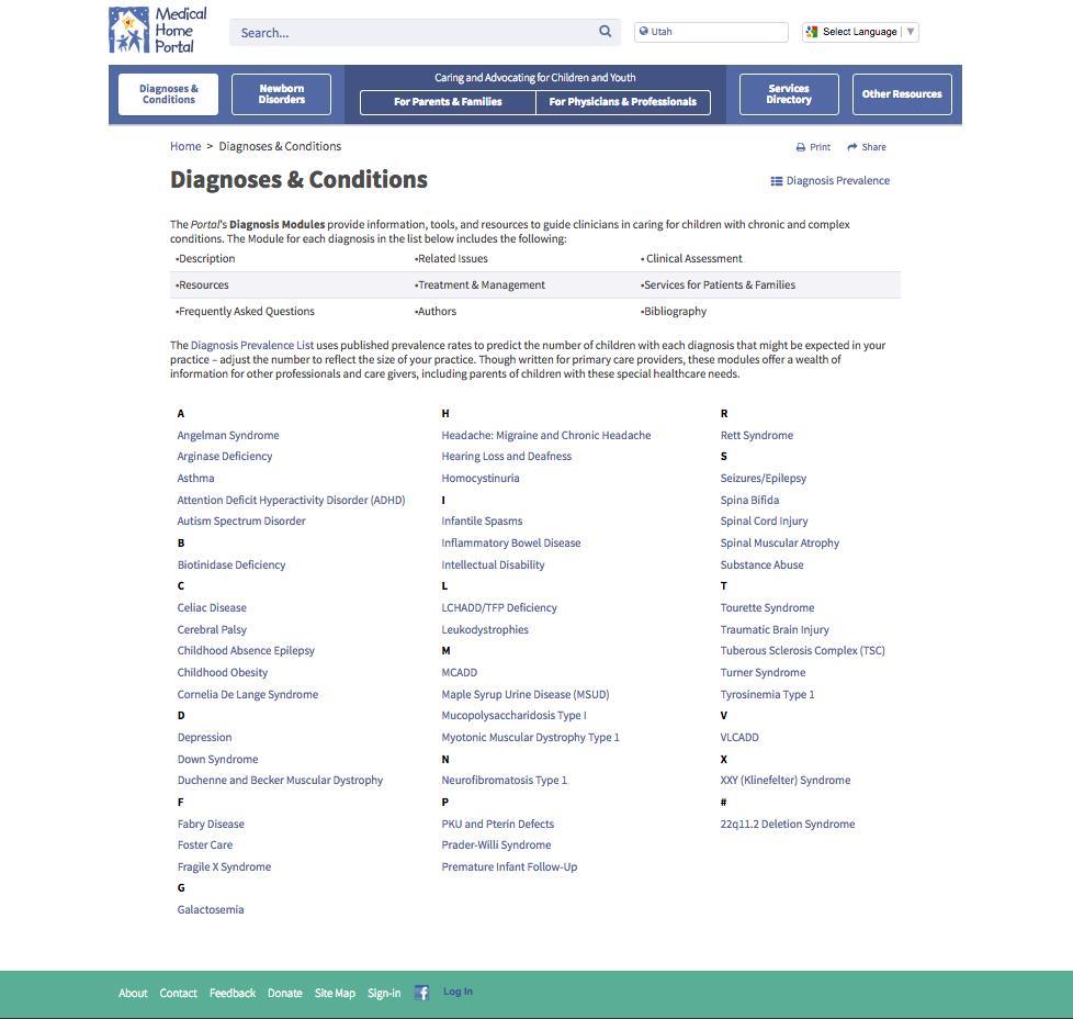 Screenshot Diagnoses & Conditions landing page with three columns of alphabetized modules