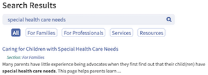screenshot site search results for special health care needs