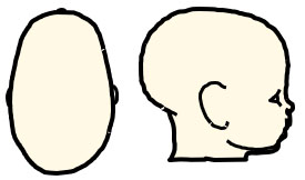 Drawing of Scaphocephaly viewed from top and side of head. Scaphocephaly is an uncommon variant with an elongated head shape without biparietal narrowing.